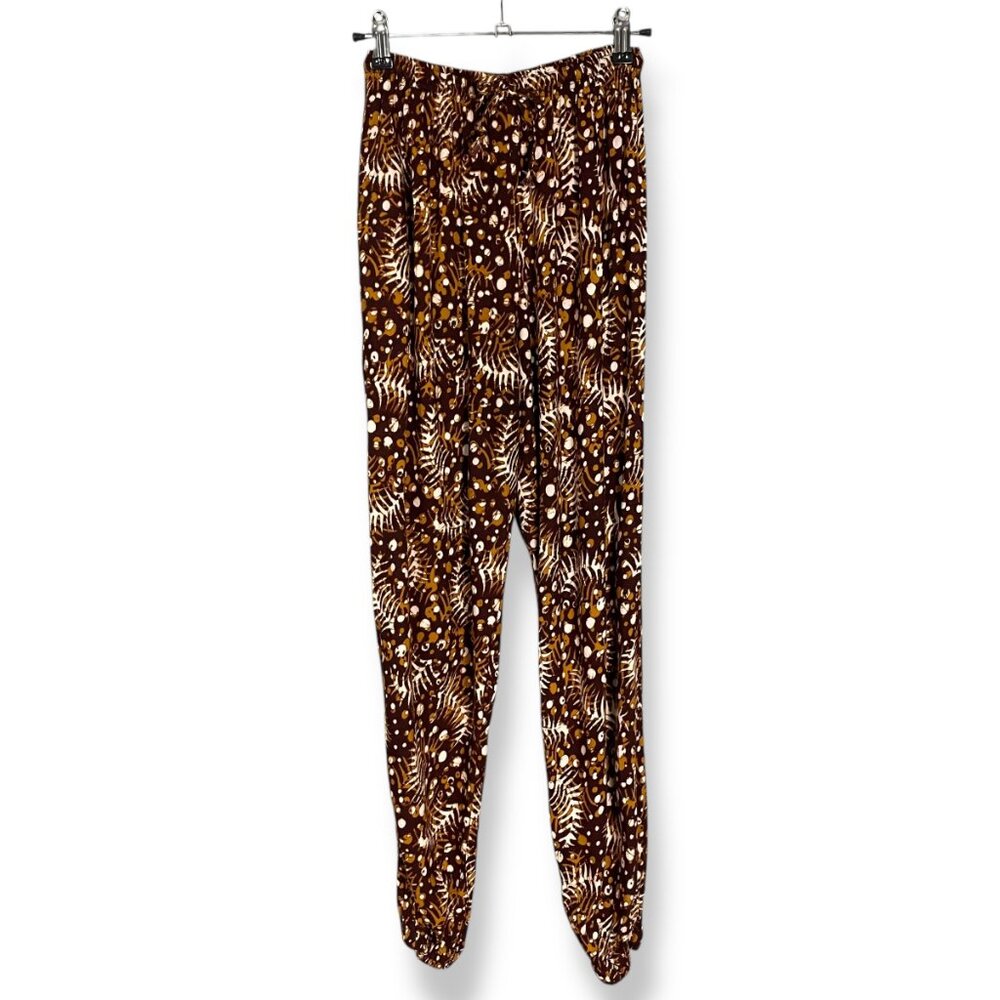 Batik Lounge Pants Brown Abstract Pattern Stretch Waist‎ Ankles Boho Hippie